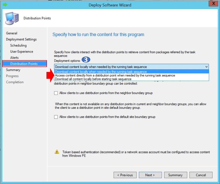 SCCM Task sequence Deployment Options in Distribution Points Tab