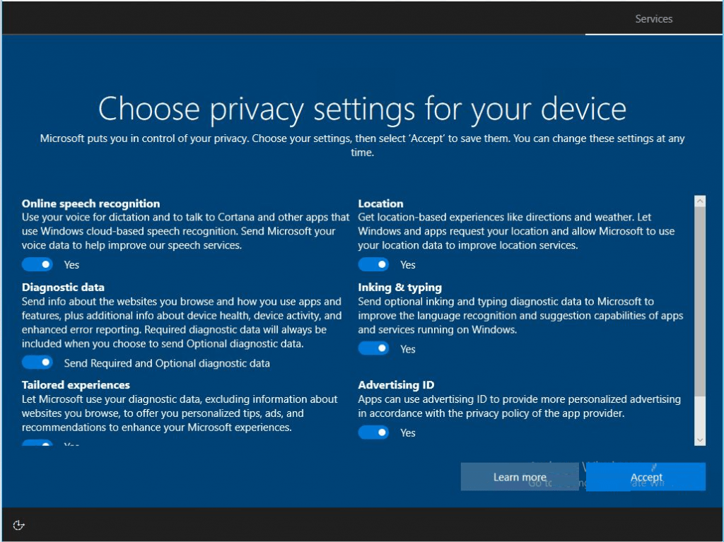 Disable Privacy Settings Experience at First Sign-in in Windows 10